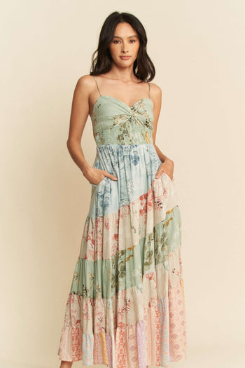 Davi & Dani Mixed Print Maxi Dress in Sage Multi