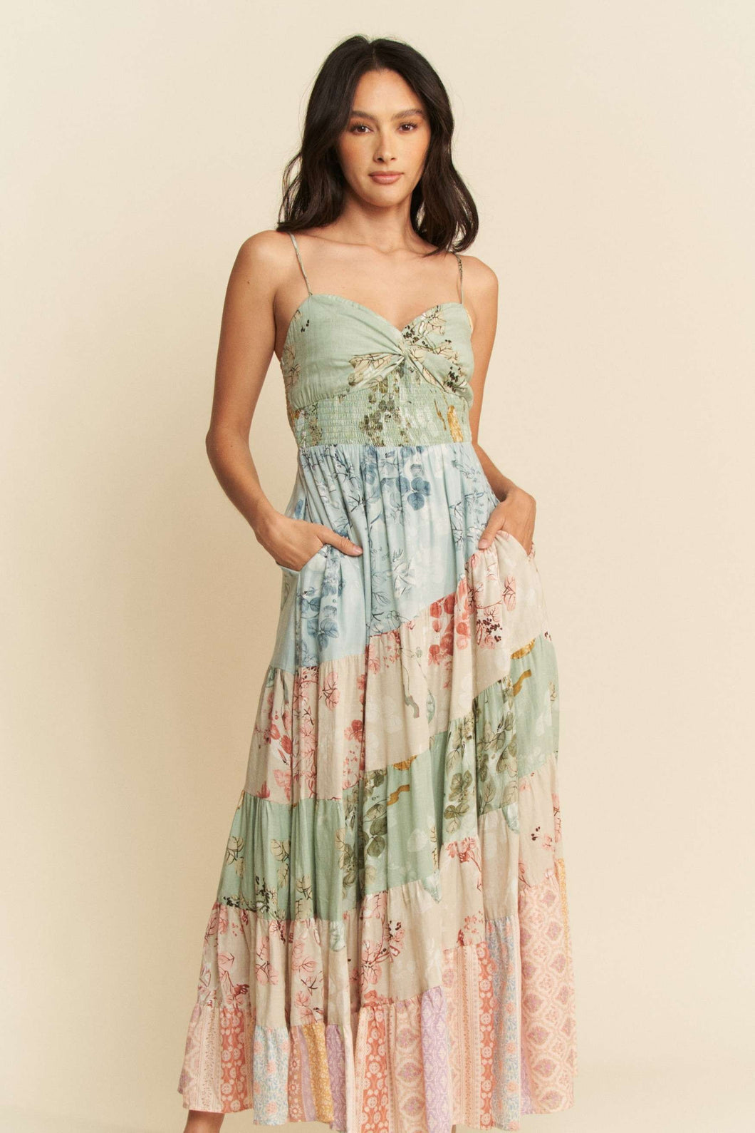 Davi & Dani Mixed Print Maxi Dress in Sage Multi