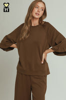 Umgee Luxeknit Round Neck Ruffle Tier Raglan Sleeve Top in Coco Brown
