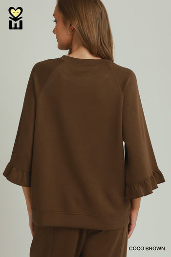 Umgee Luxeknit Round Neck Ruffle Tier Raglan Sleeve Top in Coco Brown