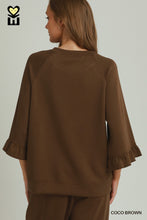 Load image into Gallery viewer, Umgee Luxeknit Round Neck Ruffle Tier Raglan Sleeve Top in Coco Brown
