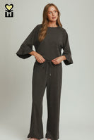 Umgee Luxeknit Round Neck Ruffle Tier Raglan Sleeve Top in Charcoal