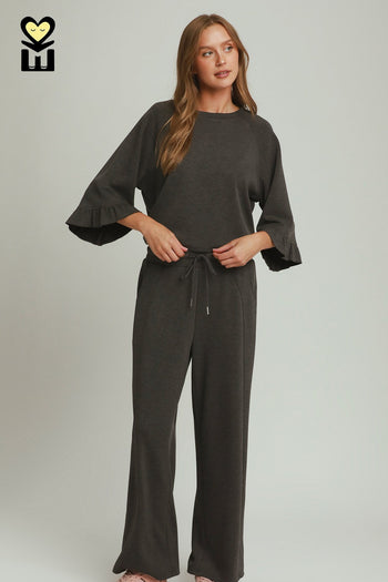 Umgee Luxeknit Round Neck Ruffle Tier Raglan Sleeve Top in Charcoal
