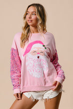 Load image into Gallery viewer, BiBi Large Santa Patched Top with Velvet Sequin Sleeves in Pink
