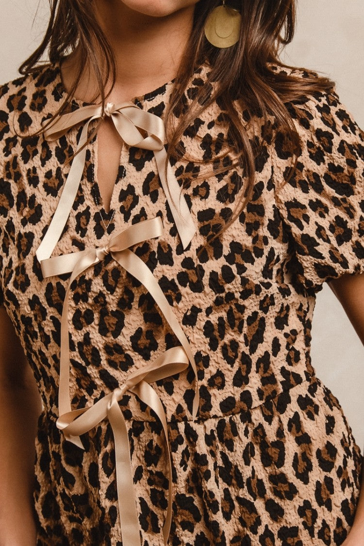 BiBi Textured Peplum Top with Ribbon Ties in Leopard – June Adel