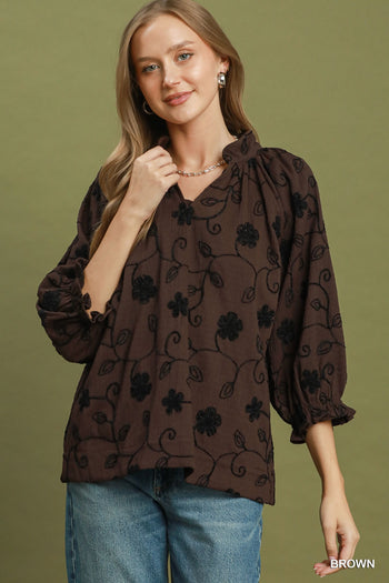 Umgee Textured Floral Embroidered Top in Brown