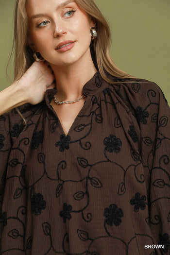 Umgee Textured Floral Embroidered Top in Brown