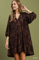 Umgee Velvet Floral Textured Babydoll Mini Dress in Brown