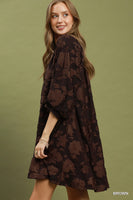 Umgee Velvet Floral Textured Babydoll Mini Dress in Brown