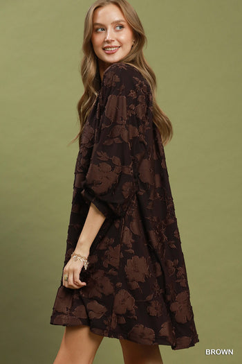 Umgee Velvet Floral Textured Babydoll Mini Dress in Brown