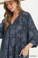 Umgee Velvet Floral Textured Babydoll Mini Dress in Slate Blue