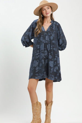 Umgee Velvet Floral Textured Babydoll Mini Dress in Slate Blue