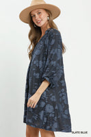 Umgee Velvet Floral Textured Babydoll Mini Dress in Slate Blue