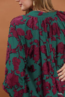 Umgee Velvet Floral Textured Babydoll Mini Dress in Teal
