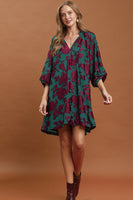 Umgee Velvet Floral Textured Babydoll Mini Dress in Teal