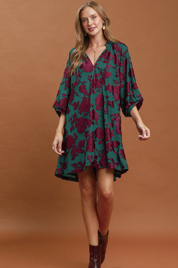 Umgee Velvet Floral Textured Babydoll Mini Dress in Teal