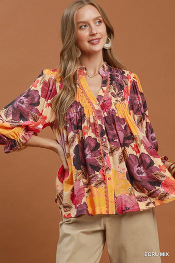 Umgee Mix Floral Print Button Front Blouse in Ecru Mix