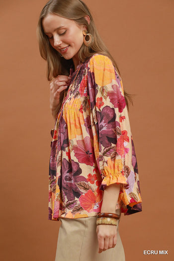 Umgee Mix Floral Print Button Front Blouse in Ecru Mix