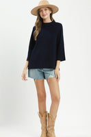 Umgee Mock Neck Fine Knit Sweater Top in Navy