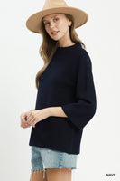 Umgee Mock Neck Fine Knit Sweater Top in Navy