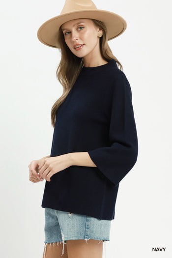 Umgee Mock Neck Fine Knit Sweater Top in Navy