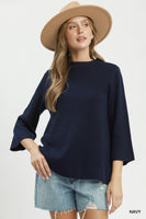 Umgee Mock Neck Fine Knit Sweater Top in Navy