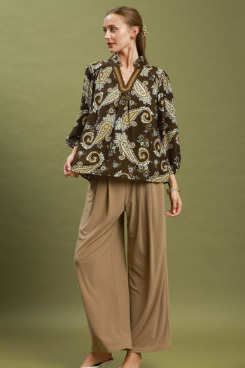 Umgee Paisley Print V-Neck Puff Sleeve Blouse in Brown Mix