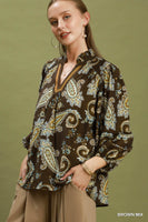 Umgee Paisley Print V-Neck Puff Sleeve Blouse in Brown Mix