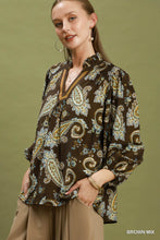 Load image into Gallery viewer, Umgee Paisley Print V-Neck Puff Sleeve Blouse in Brown Mix
