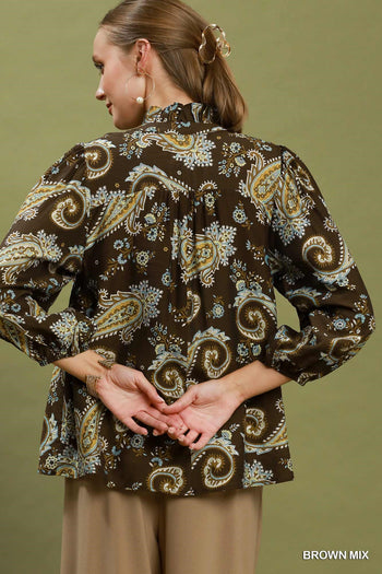 Umgee Paisley Print V-Neck Puff Sleeve Blouse in Brown Mix