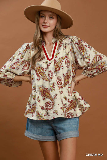 Umgee Paisley Print V-Neck Puff Sleeve Blouse in Cream Mix