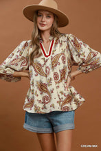 Load image into Gallery viewer, Umgee Paisley Print V-Neck Puff Sleeve Blouse in Cream Mix
