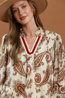 Umgee Paisley Print V-Neck Puff Sleeve Blouse in Cream Mix