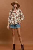 Umgee Paisley Print V-Neck Puff Sleeve Blouse in Cream Mix
