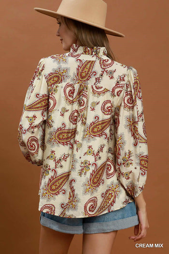 Umgee Paisley Print V-Neck Puff Sleeve Blouse in Cream Mix