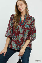 Load image into Gallery viewer, Umgee Paisley Print V-Neck Puff Sleeve Blouse in Wine Mix
