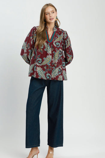 Umgee Paisley Print V-Neck Puff Sleeve Blouse in Wine Mix