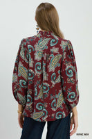 Umgee Paisley Print V-Neck Puff Sleeve Blouse in Wine Mix