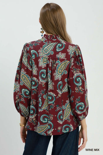 Umgee Paisley Print V-Neck Puff Sleeve Blouse in Wine Mix