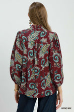 Load image into Gallery viewer, Umgee Paisley Print V-Neck Puff Sleeve Blouse in Wine Mix
