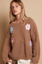 Load image into Gallery viewer, POL Chenille Knit Sweater with Multi Colored Flower Appliques in Mocha ON ORDER
