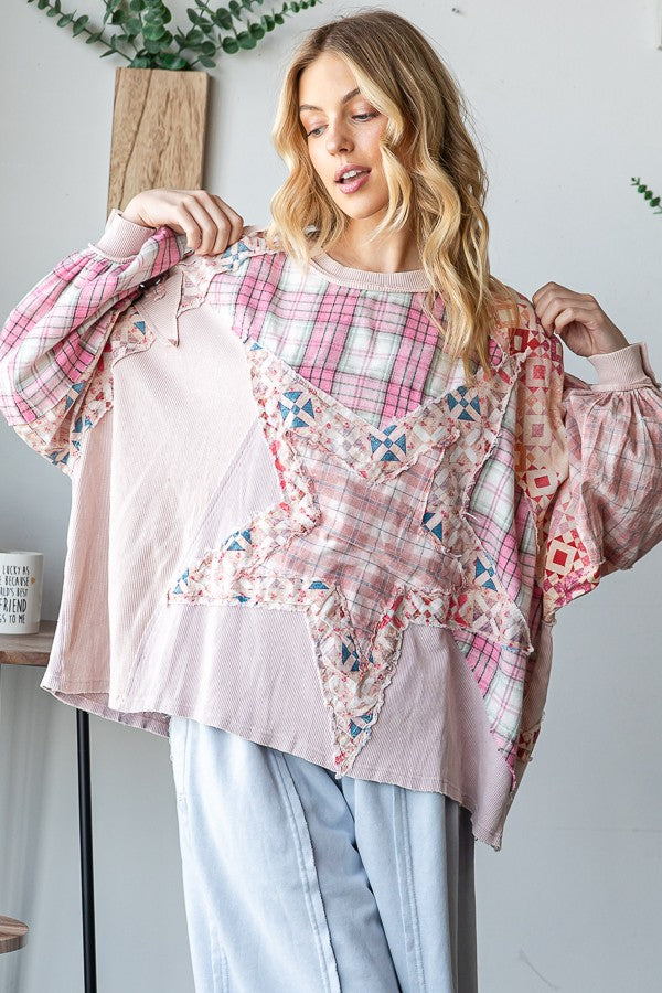 Oli & Hali Oversized Mixed Fabric Star Patched Top in Pink ON ORDER ...