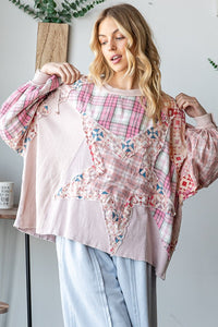 Oli & Hali Oversized Mixed Fabric Star Patched Top in Pink