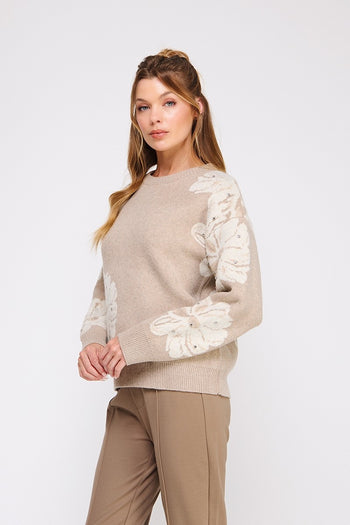 Allie Rose Knit Flower Pattern Sweater with Rhinestones in Almond