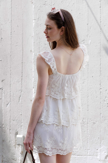 Storia Lace Tiered Mini Dress in Ivory