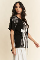 Davi & Dani Color Block Top with Lace and Bow Details in Black