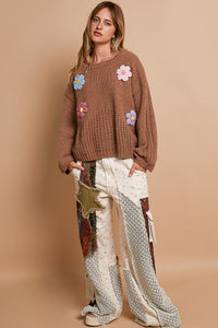 POL Chenille Knit Sweater with Multi Colored Flower Appliques in Mocha ON ORDER