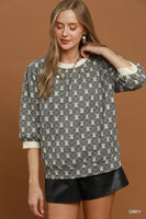 Umgee Floral Quilted Puff Sleeve Top in Grey