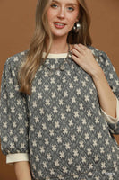 Umgee Floral Quilted Puff Sleeve Top in Grey