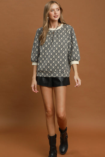Umgee Floral Quilted Puff Sleeve Top in Grey